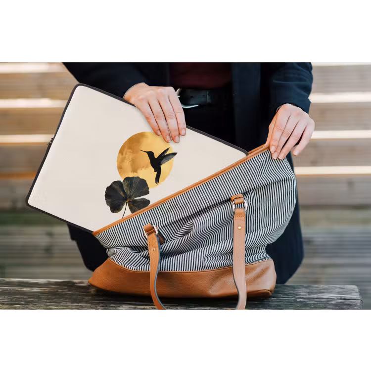Zwarte kolibrie - Bloem - Gouden cirkel laptophoes neopreen klein -tas