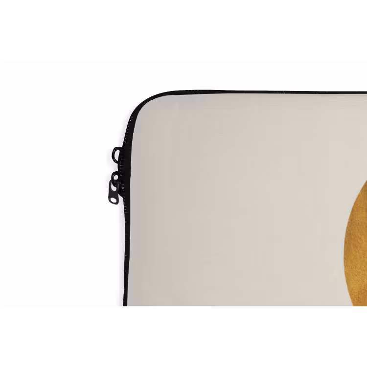 Zwart palmblad - Gouden cirkel - Beige achtergrond laptophoes neopreen klein -detail