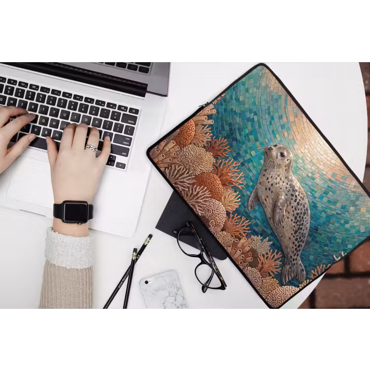 Zeehond - Mozaïek - Onderwater - Dieren - Blauw laptophoes neopreen klein -bureau