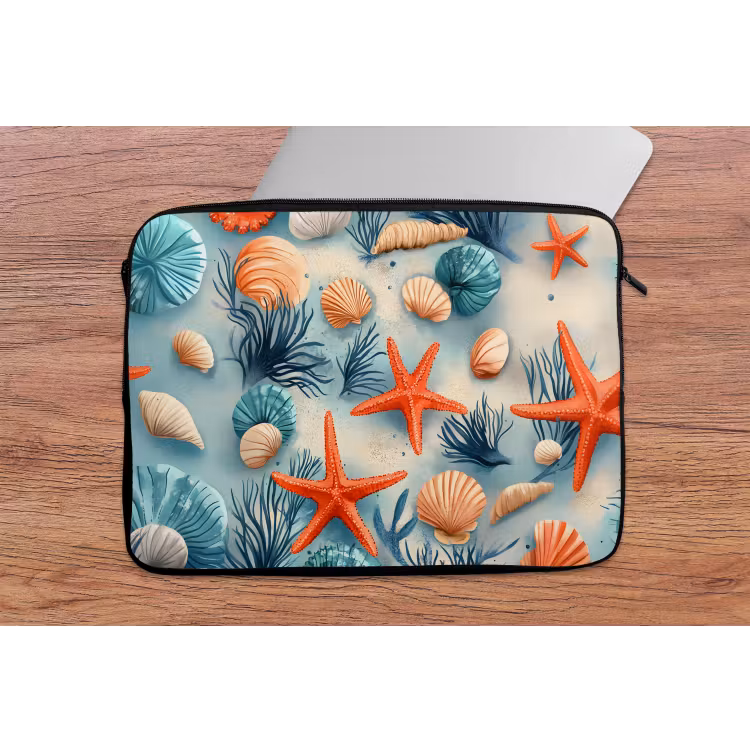 Zeesterren - Schelpen - Illustratie - Zand laptophoes neopreen klein -tafel