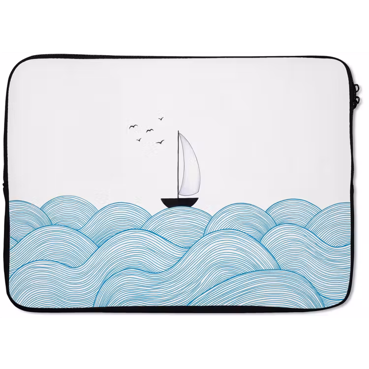 Zeilboot - Golven - Zee - Illustratie - Blauw laptophoes neopreen klein -zkaufland3dotto