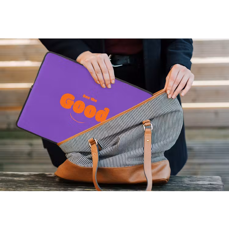 See the good - Oranje - Paars - Smiley laptophoes neopreen klein -tas