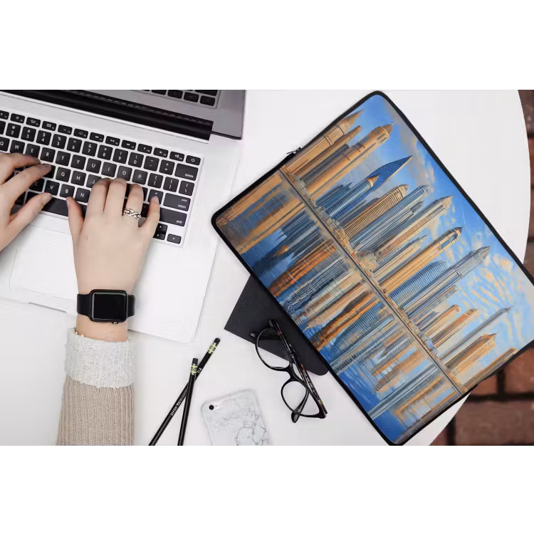 Skyline - Wolkenkrabbers - Water - Blauw laptophoes neopreen klein -bureau