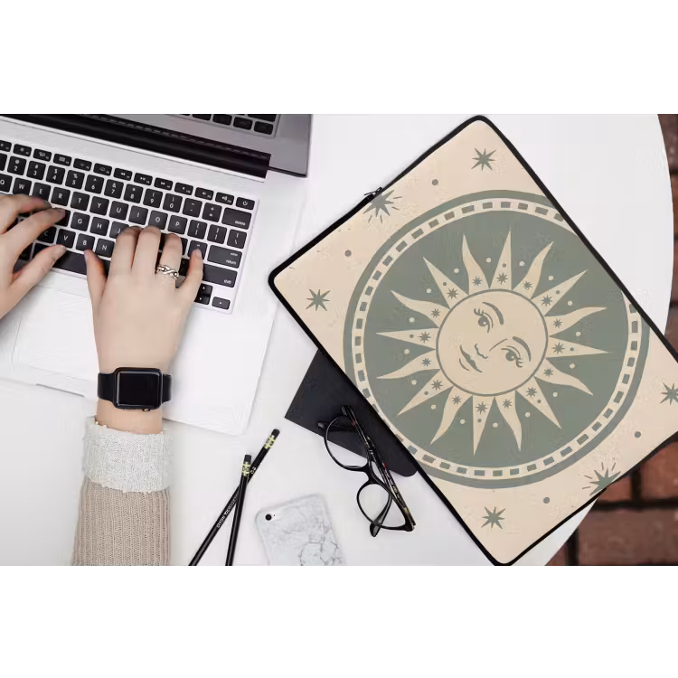 Zon - Sterren - Astrologie - Vintage - Groen laptophoes neopreen klein -bureau
