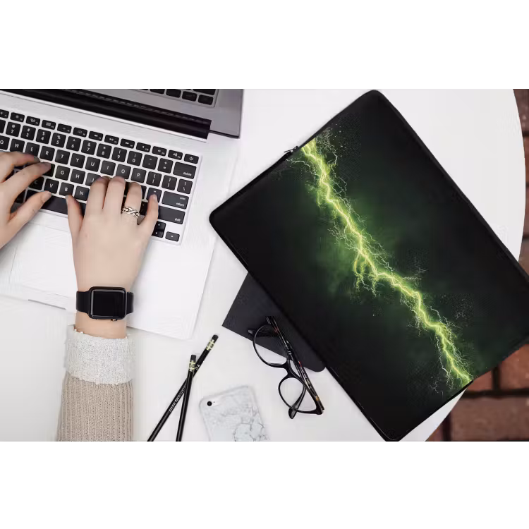Gaming - Elektriciteit - Lijn - Vonken - Groen laptophoes neopreen klein -bureau