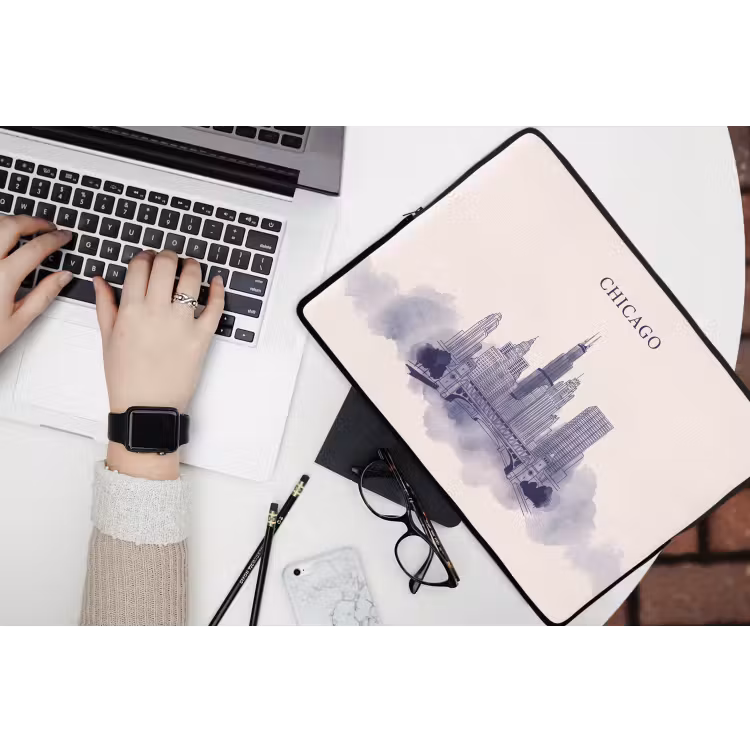 Stad - Skyline - Architectuur - Lijntekening - Blauw laptophoes neopreen klein -bureau
