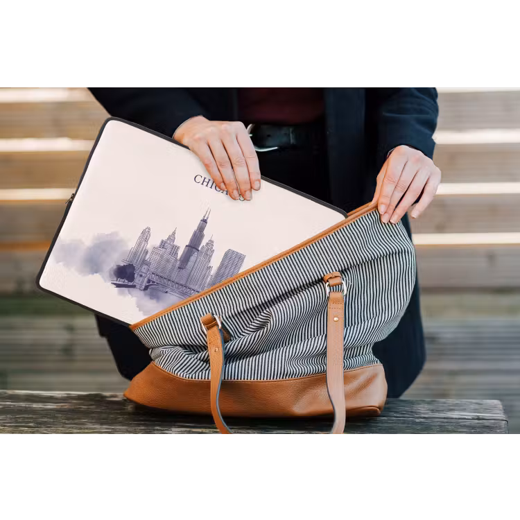 Stad - Skyline - Architectuur - Lijntekening - Blauw laptophoes neopreen klein -tas