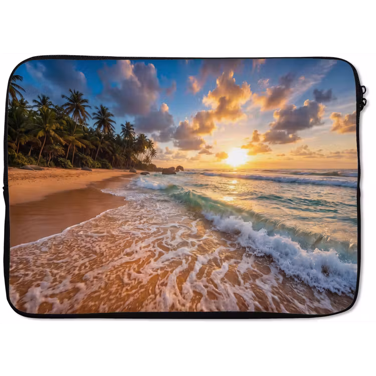 Strand - Zonsondergang - Golven - Natuur - Goud laptophoes neopreen klein -zkaufland3dotto