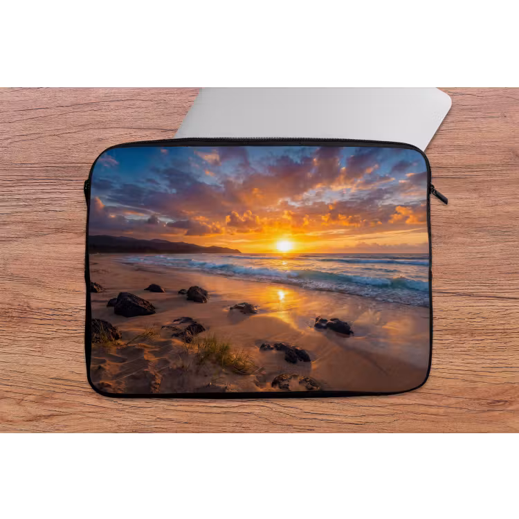 Strand - Zonsondergang - Golven - Natuur - Oranje laptophoes neopreen klein -tafel
