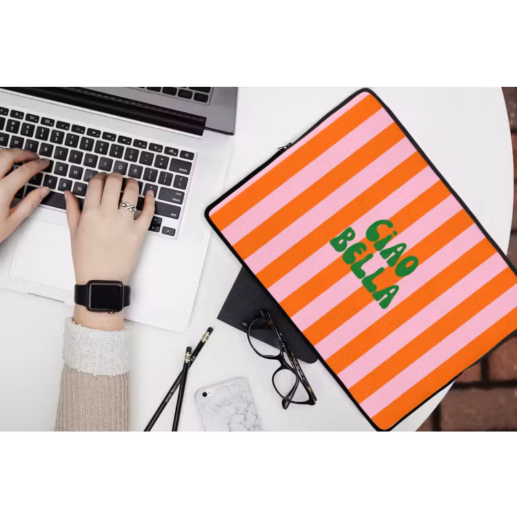 Strepen - Oranje - Verticaal - Ciao bella laptophoes neopreen klein -bureau