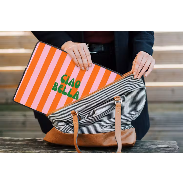 Strepen - Oranje - Verticaal - Ciao bella laptophoes neopreen klein -tas
