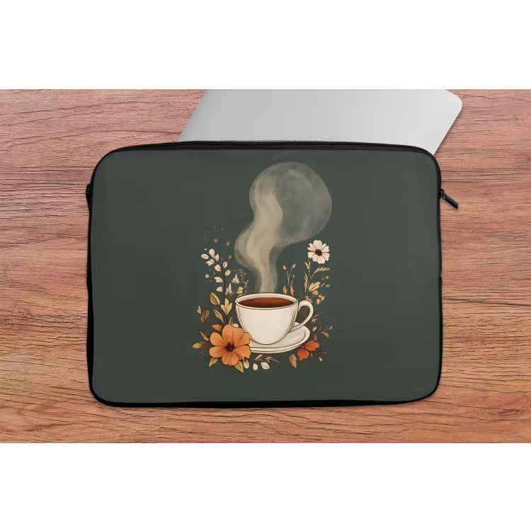 Kop - Bloemen - Groen - Koffie laptophoes neopreen klein -tafel