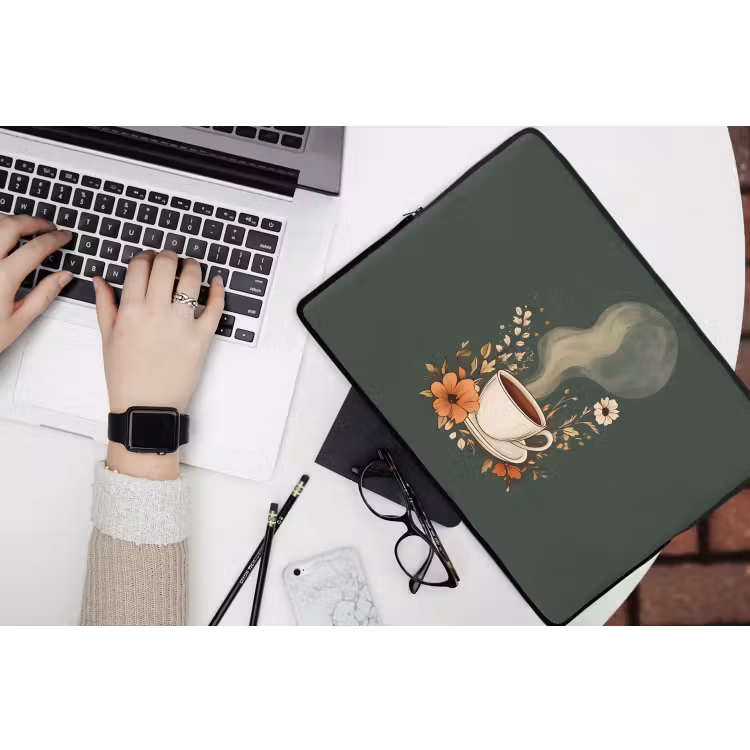Kop - Bloemen - Groen - Koffie laptophoes neopreen klein -bureau