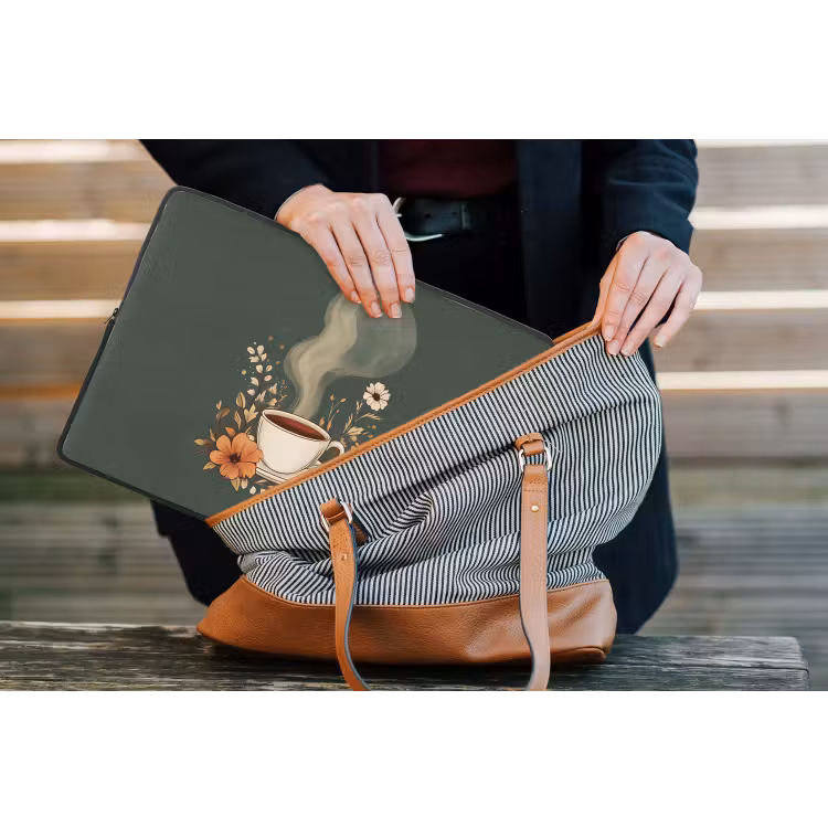 Kop - Bloemen - Groen - Koffie laptophoes neopreen klein -tas