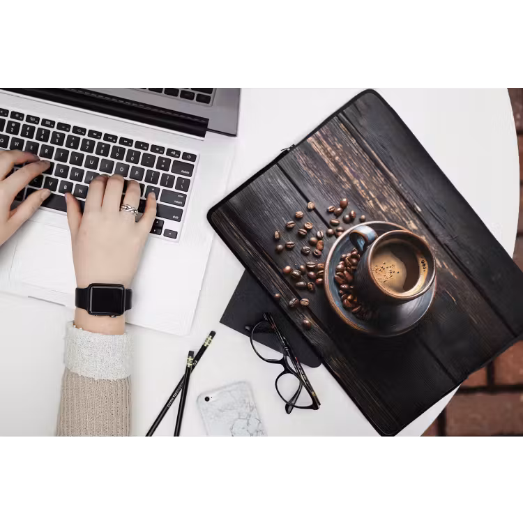 Kop - Koffie - Hout - Bonen laptophoes neopreen klein -bureau
