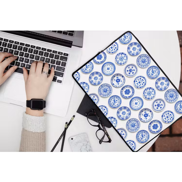 Borden - Bloemen - Patroon - Blauw laptophoes neopreen klein 279 -bureau
