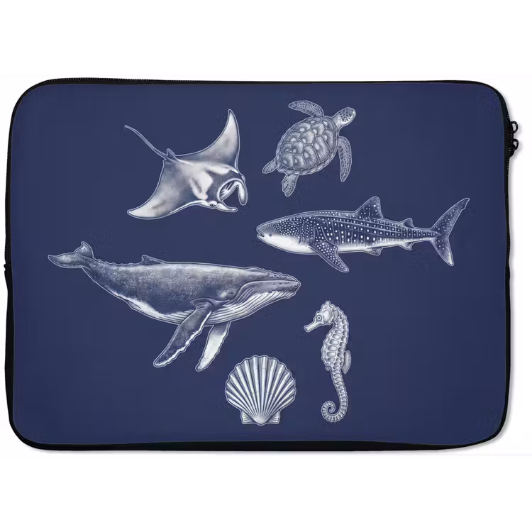 Dieren - Zeeleven - Oceaan - Graveren - Blauw laptophoes neopreen klein -zkaufland3dotto
