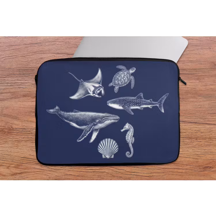 Dieren - Zeeleven - Oceaan - Graveren - Blauw laptophoes neopreen klein -tafel