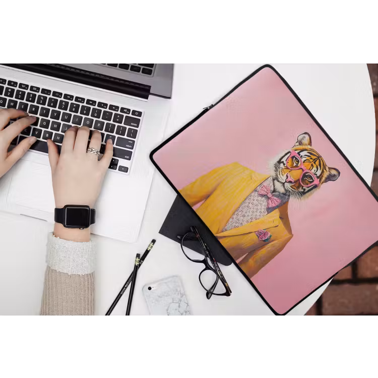 Tijger - Bril - Geel - Jasje laptophoes neopreen klein -bureau