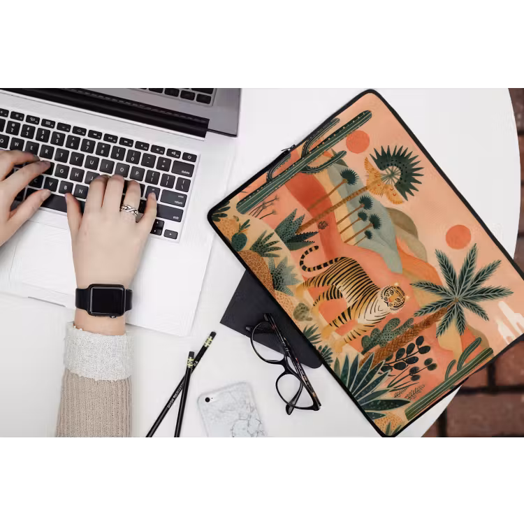 Tijger - Palmen - Cactus - Oranje laptophoes neopreen klein -bureau