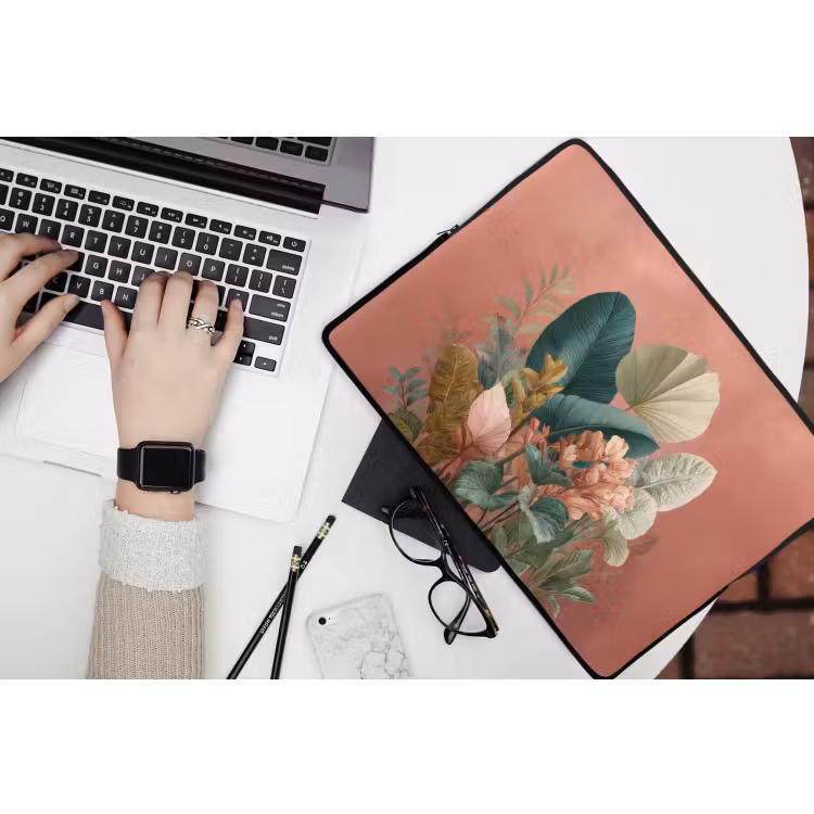Tropische bladeren - Bloemen - Roze - groen laptophoes neopreen klein -bureau