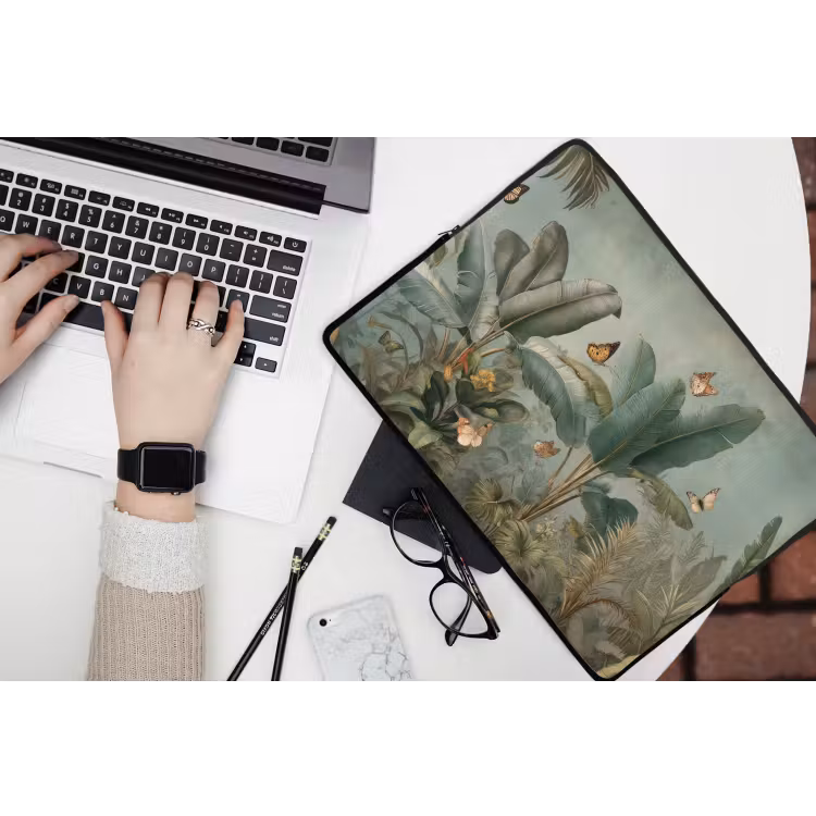 Tropisch bladerdek - Vlinders - groen - Bruin laptophoes neopreen klein -bureau