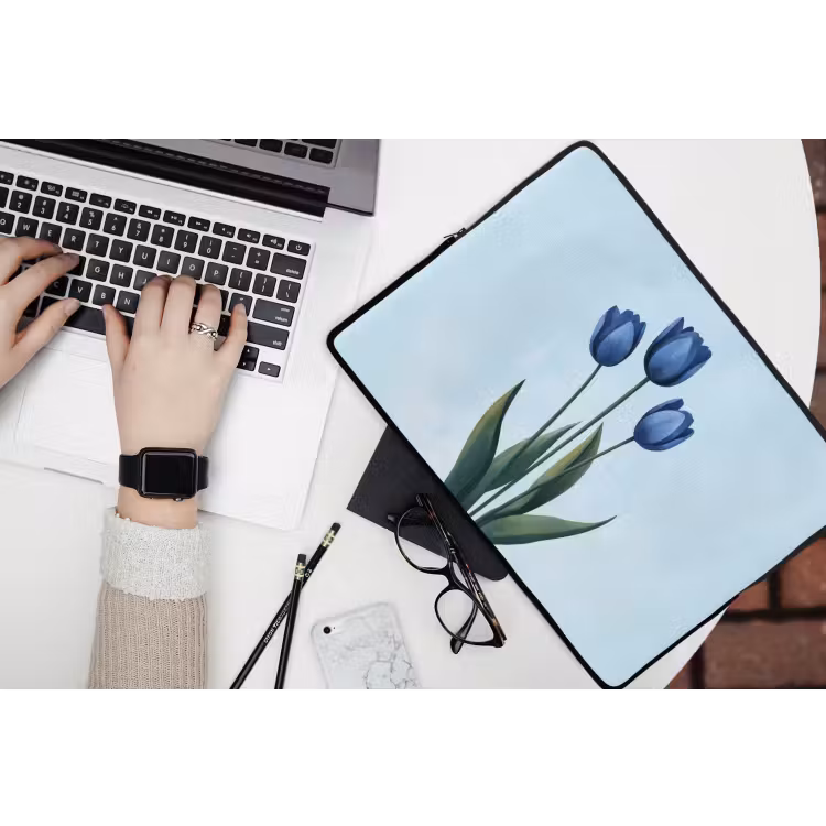 Tulpen - Blauw - Bladeren laptophoes neopreen klein -bureau