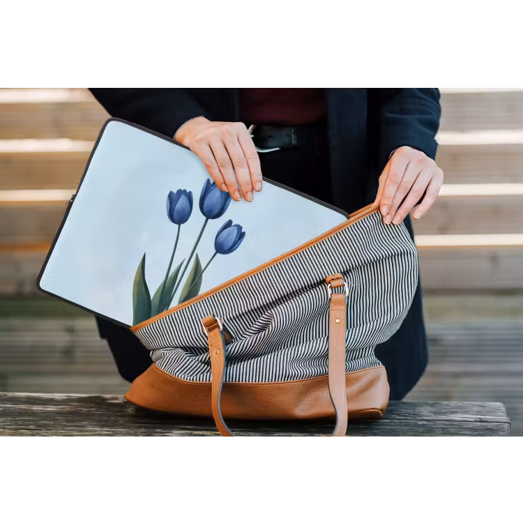 Tulpen - Blauw - Bladeren laptophoes neopreen klein -tas