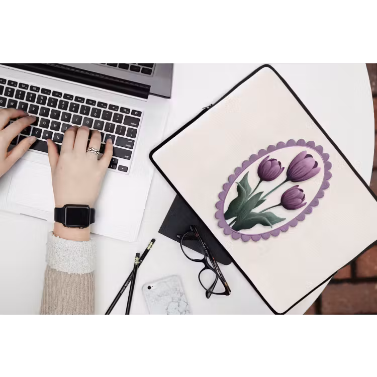 Tulpen - Paars - Lijst - Bladeren laptophoes neopreen klein -bureau