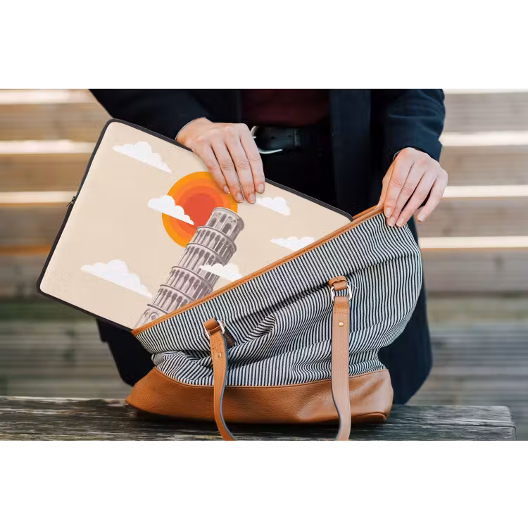 Toren - Pisa - Architectuur - Minimalistisch - Beige laptophoes neopreen klein -tas
