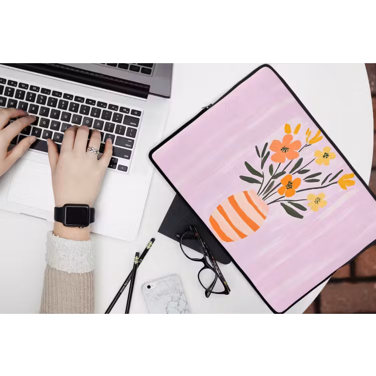 Vaas - Gestreept - Bloemen - Oranje laptophoes neopreen klein -bureau