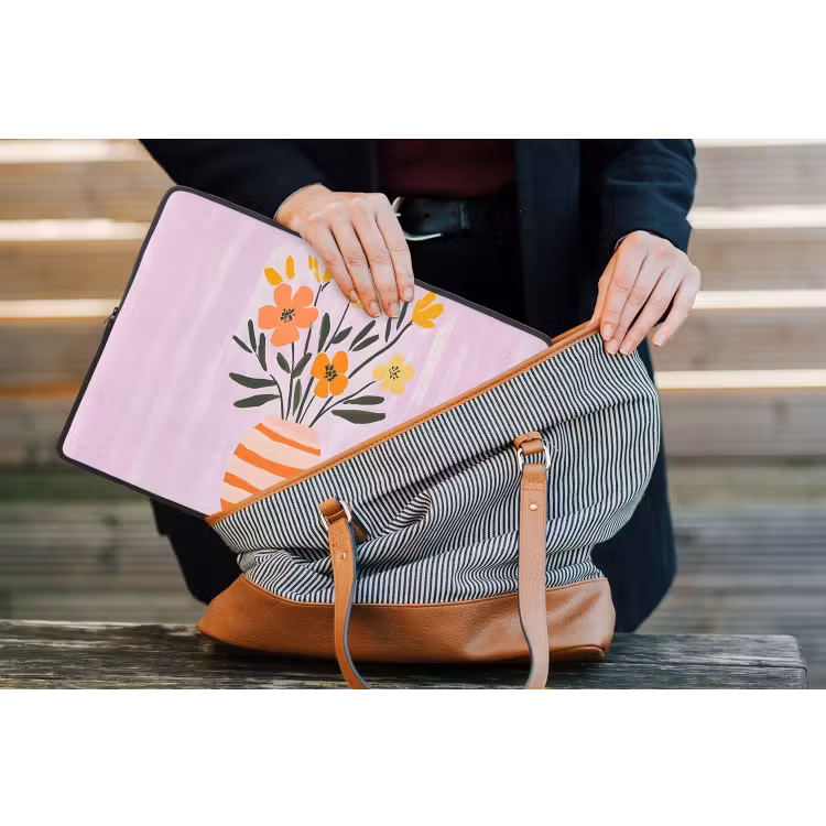 Vaas - Gestreept - Bloemen - Oranje laptophoes neopreen klein -tas