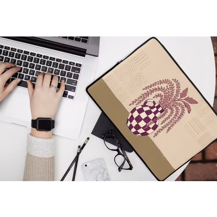 Vaas - Geruit - Planten - Modern - Paars laptophoes neopreen klein -bureau