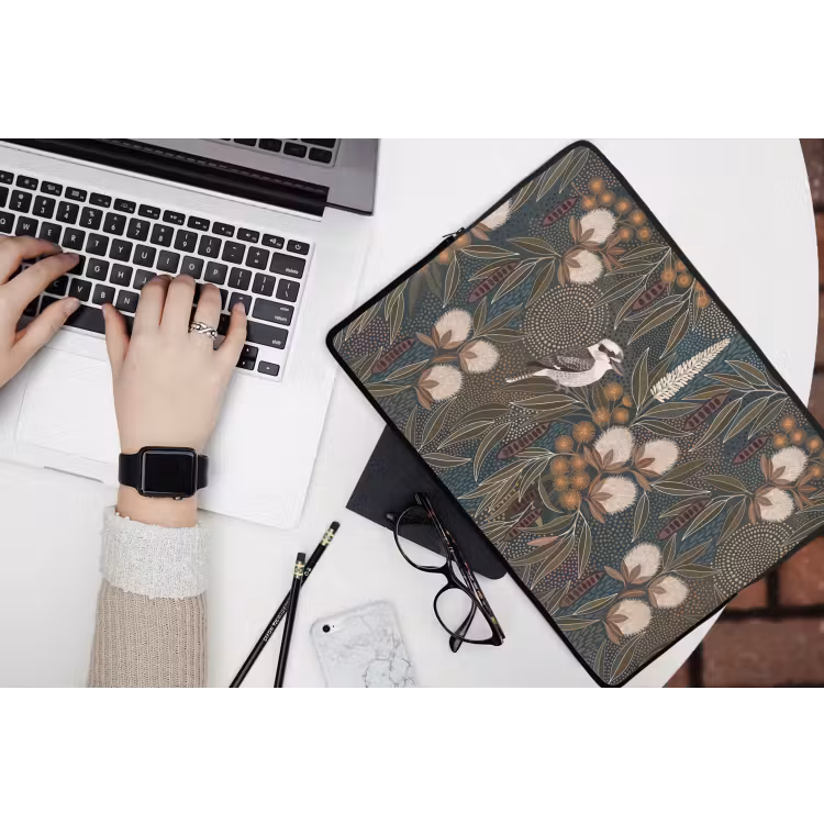 Vogel - Bladeren - Natuur - Illustratie - Groen laptophoes neopreen klein -bureau