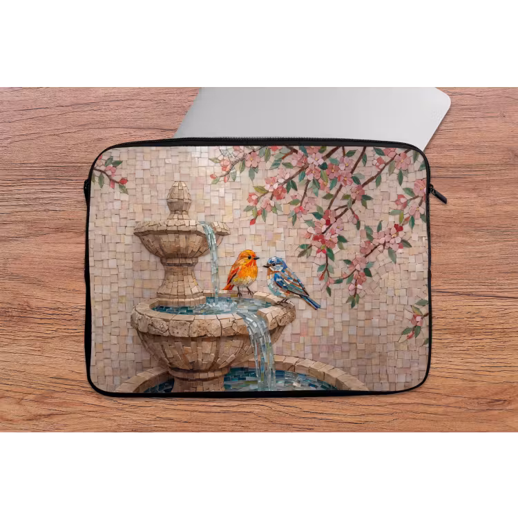 Vogel - fontein - mozaiek - kleurrijk - dieren laptophoes neopreen klein -tafel