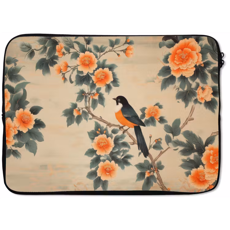 Vogel - Tak - Bloemen - Oranje laptophoes neopreen klein -zkaufland3dotto
