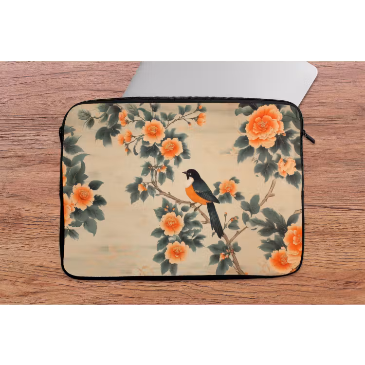 Vogel - Tak - Bloemen - Oranje laptophoes neopreen klein -tafel