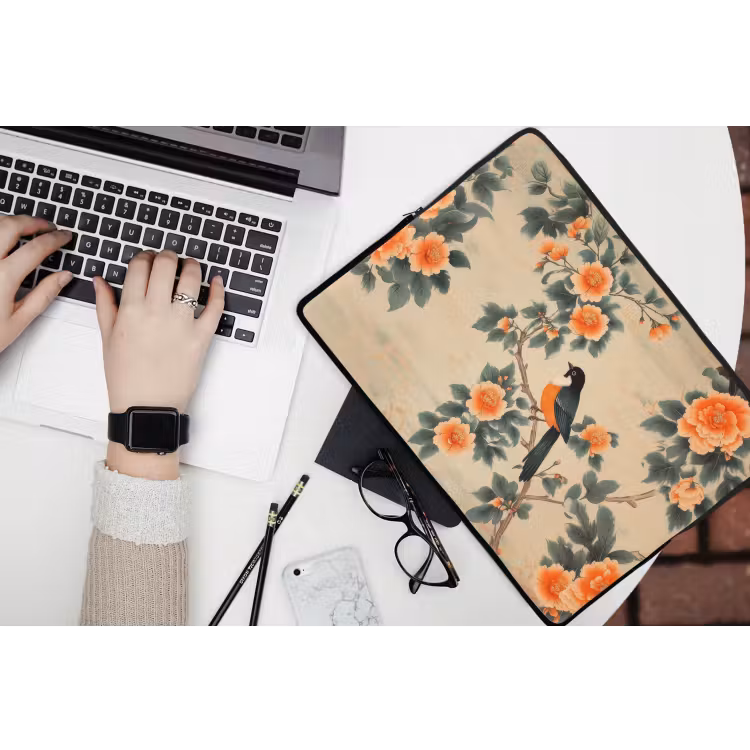Vogel - Tak - Bloemen - Oranje laptophoes neopreen klein -bureau