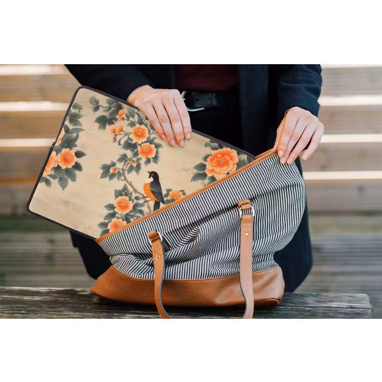 Vogel - Tak - Bloemen - Oranje laptophoes neopreen klein -tas