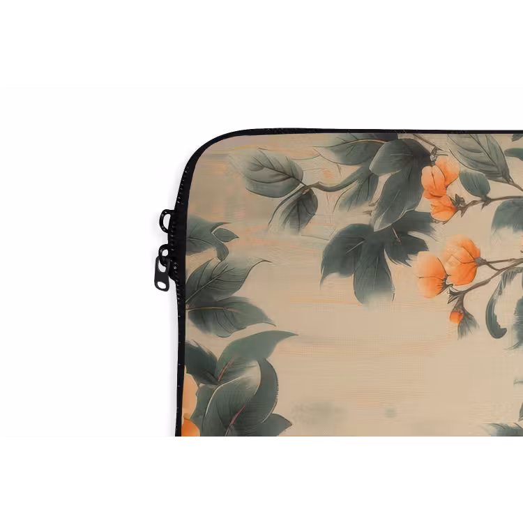 Vogel - Tak - Bloemen - Oranje laptophoes neopreen klein -detail