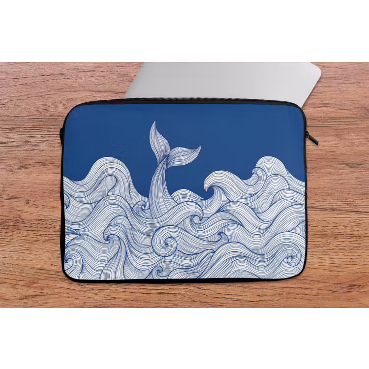 Walvis - Staart - Golven - Lijntekening - Blauw laptophoes neopreen klein -tafel