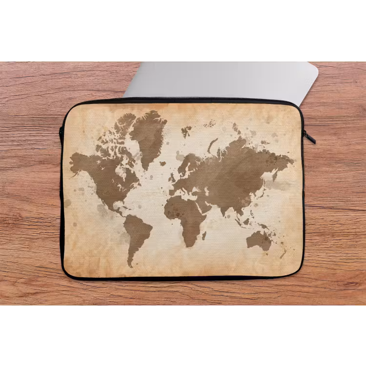 Wereldkaart - Beige - Bruin laptophoes neopreen klein -tafel