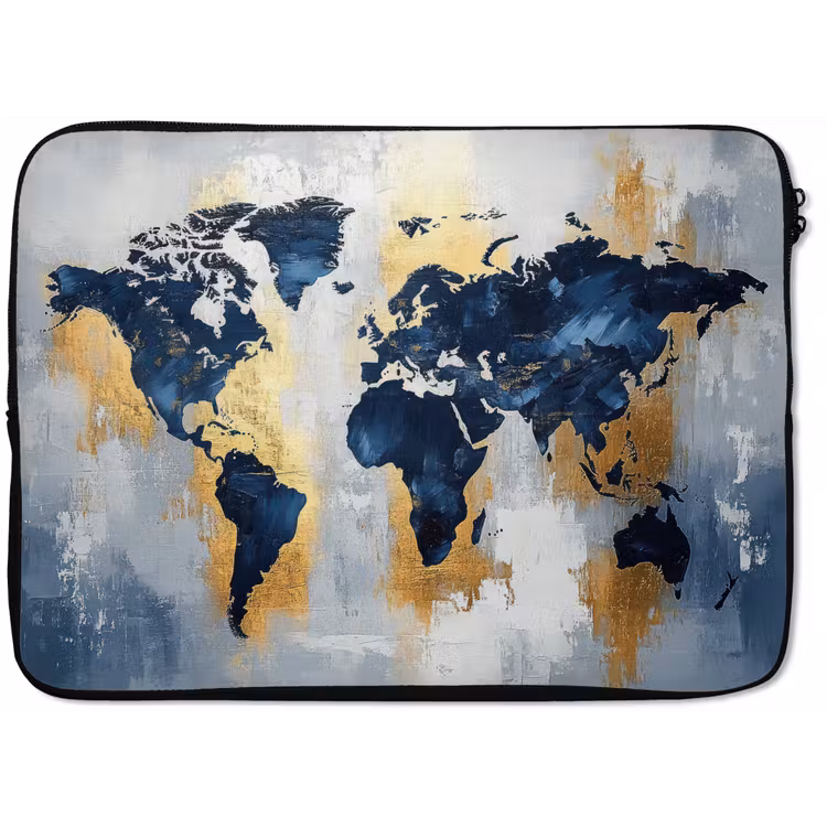 Wereldkaart - Blauw - Abstract laptophoes neopreen klein -zkaufland3dotto