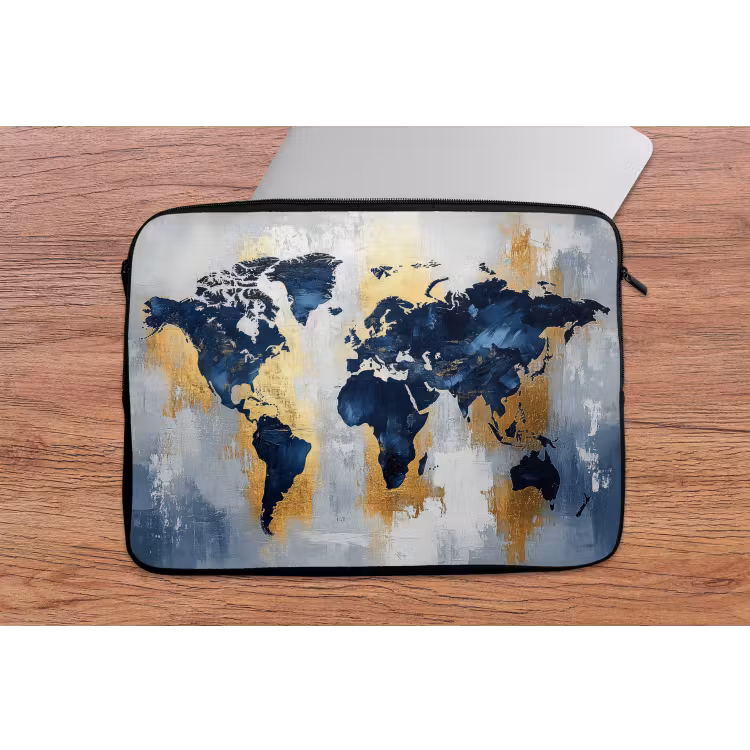 Wereldkaart - Blauw - Abstract laptophoes neopreen klein -tafel