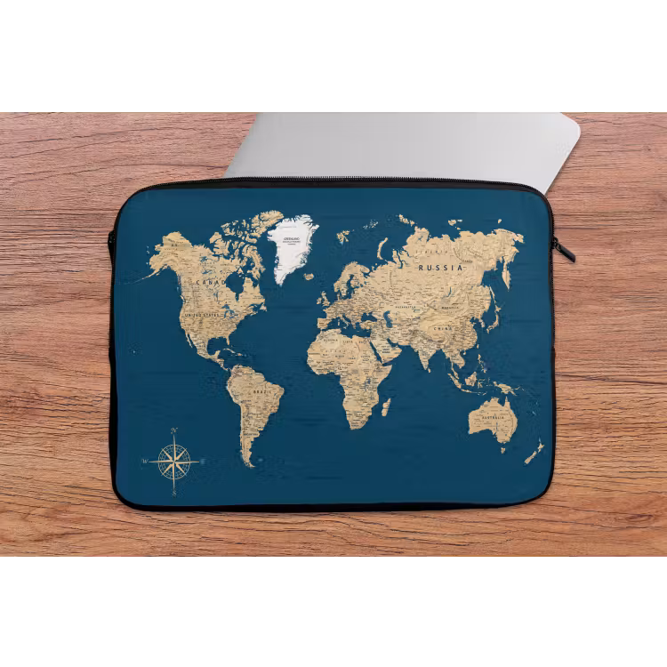 Wereldkaart - Donkerblauw - Beige laptophoes neopreen klein -tafel