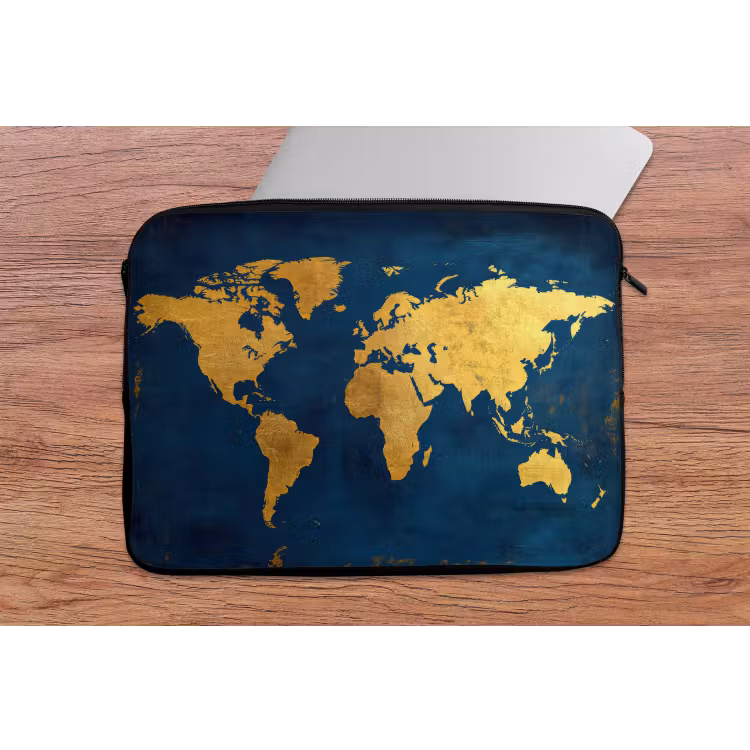 Wereldkaart - Goud - Donkerblauw laptophoes neopreen klein -tafel