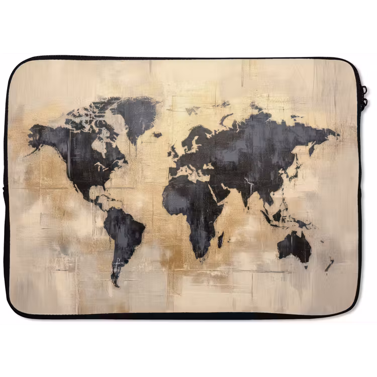 Wereldkaart - Goud - Zwart - Abstract laptophoes neopreen klein -zkaufland3dotto