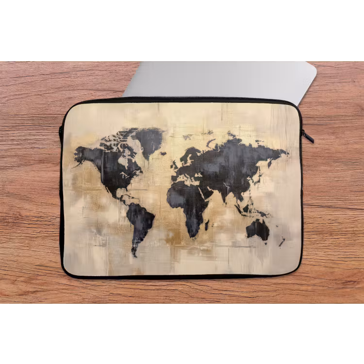 Wereldkaart - Goud - Zwart - Abstract laptophoes neopreen klein -tafel