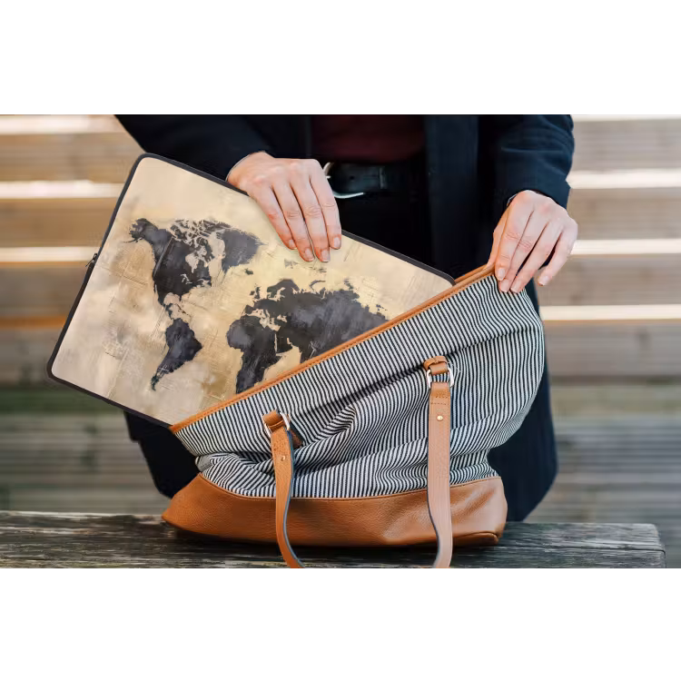 Wereldkaart - Goud - Zwart - Abstract laptophoes neopreen klein -tas