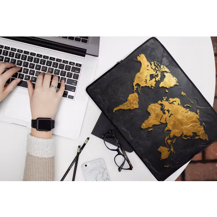 Wereldkaart - Goud - Steen laptophoes neopreen klein -bureau